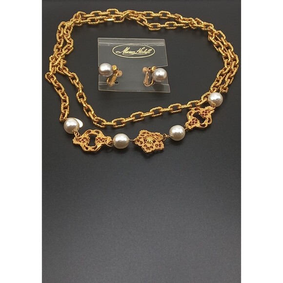 Miriam Haskell Gold/Pearl Filigree Pearls Necklace & Faux Pearl Earrings - Picture 5 of 10